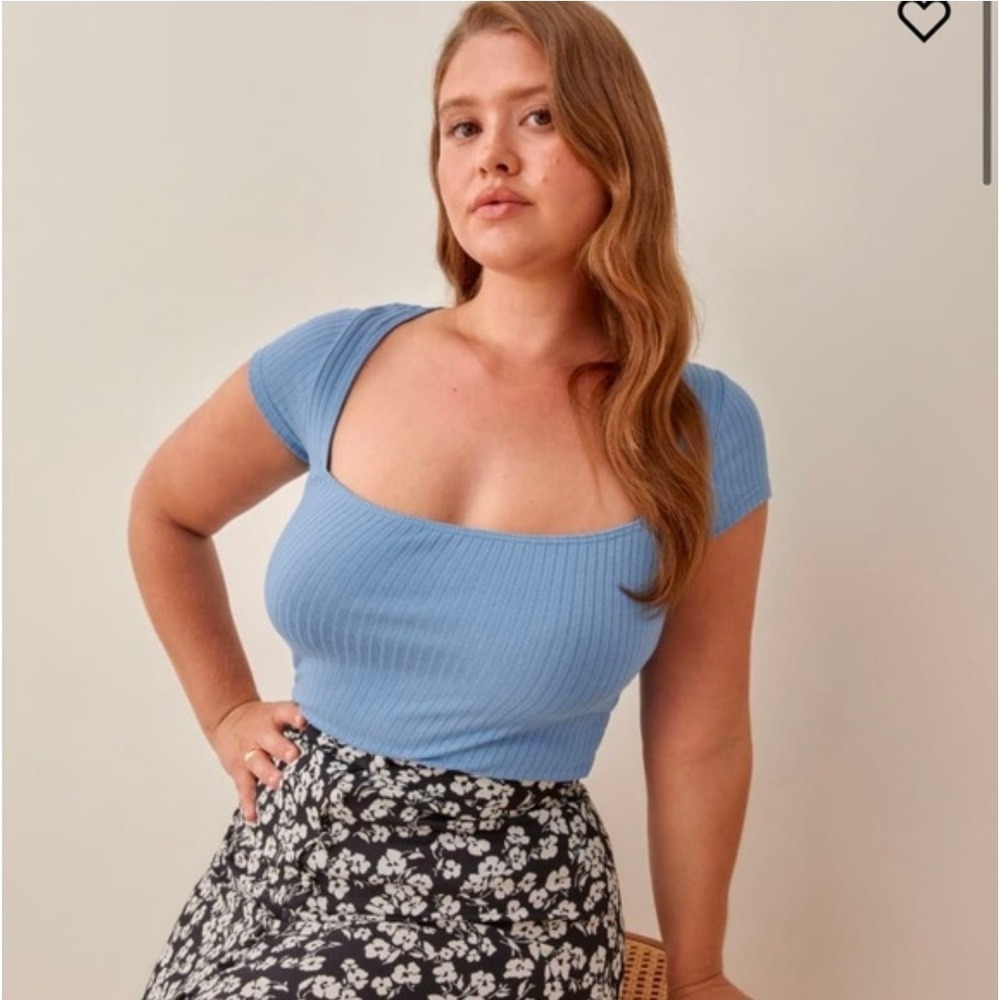 Reformation Jeans Light Blue Ribbed Square Neck Short Sleeve Top Size M